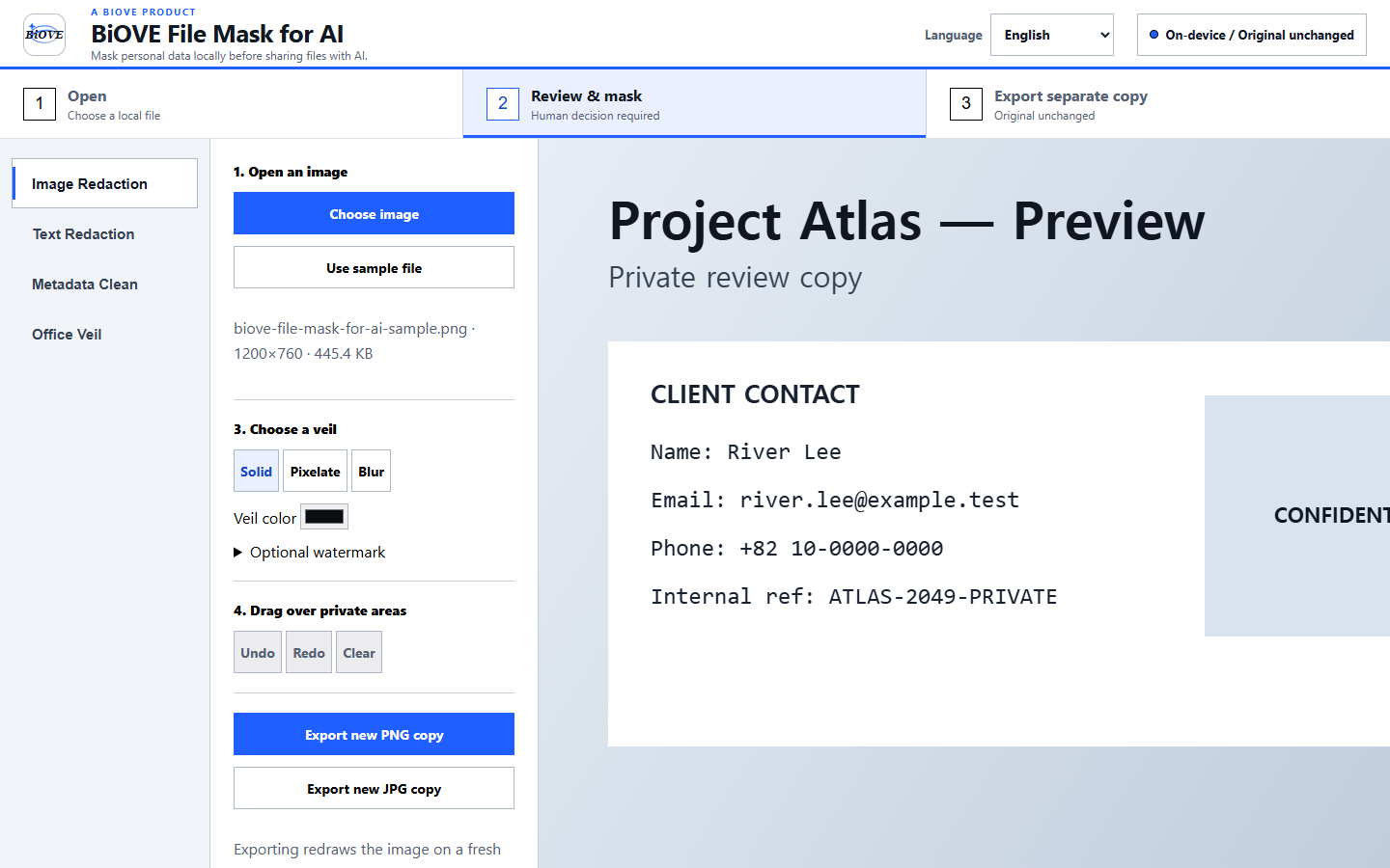 BiOVE File Mask for AI reviewing a private-file copy before export