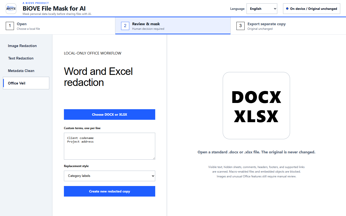 BiOVE File Mask for AI reviewing DOCX and XLSX content