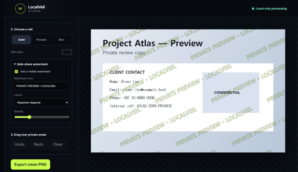 LocalVeil Studio masking private contact details in a screenshot